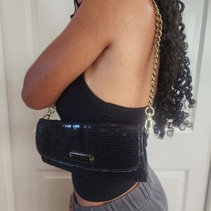 Betsey Johnson Black Sequin Shoulder Bag/Clutch Purse, Leopard Inner‎ Print